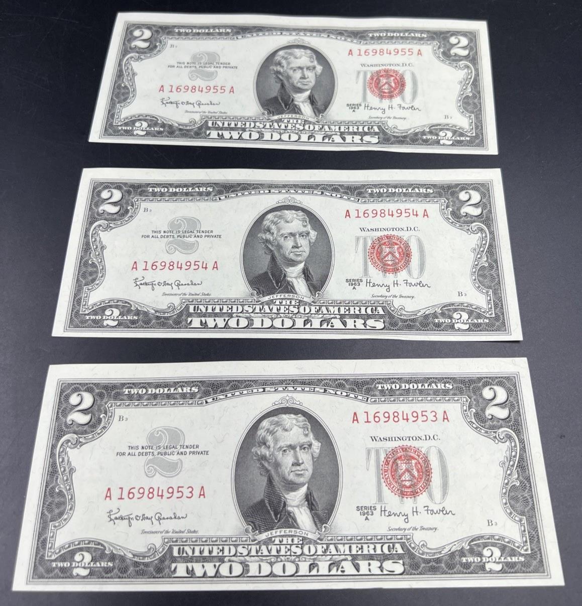 3 Consecutive 1963 A $2 Two Dollar USN United States Notes Red Seal Bills AU #53