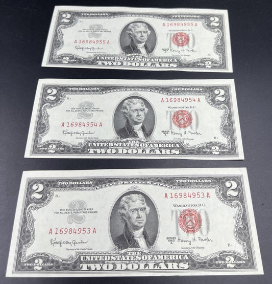 3 Consecutive 1963 A $2 Two Dollar USN United States Notes Red Seal Bills AU #53