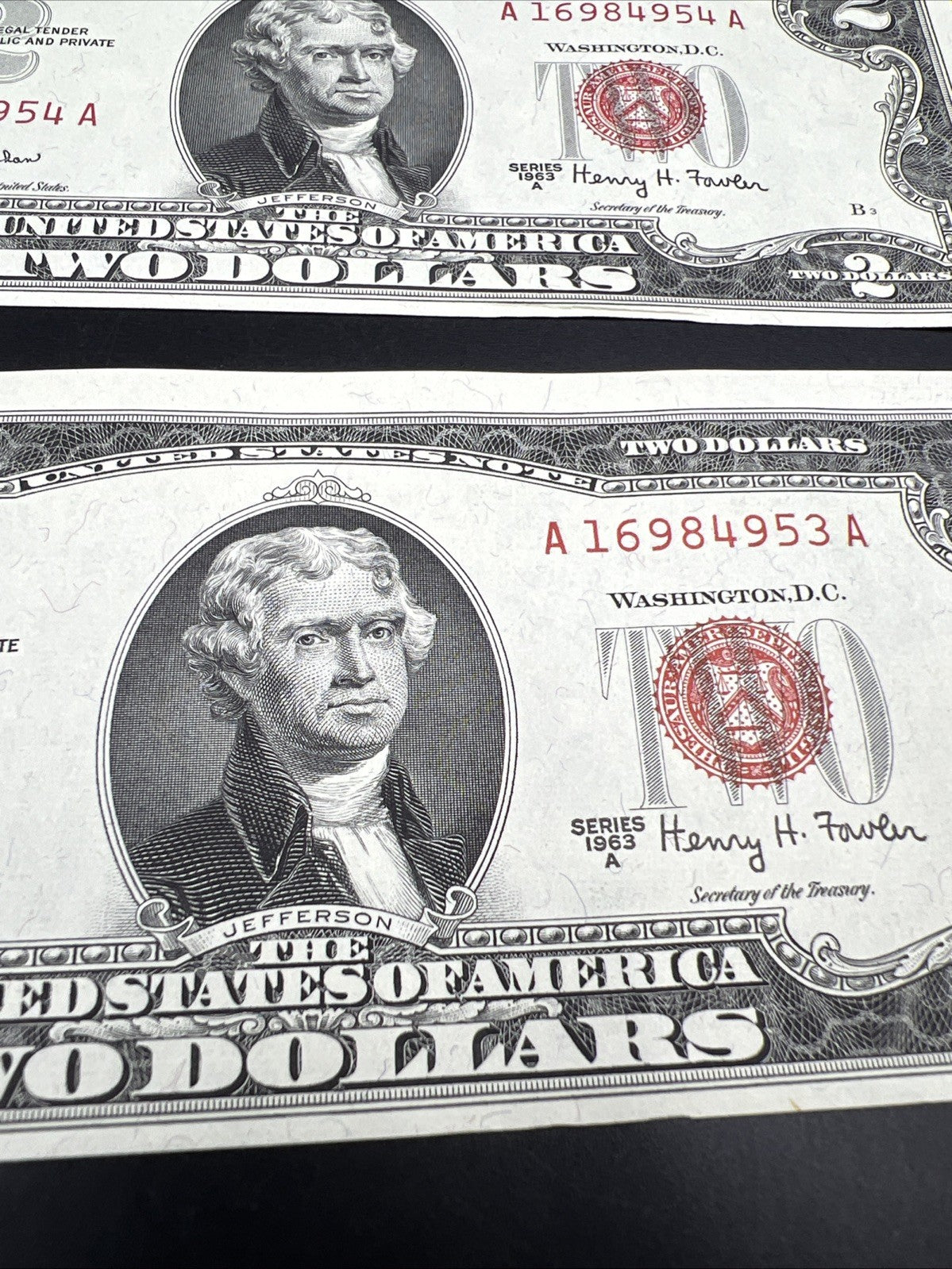 3 Consecutive 1963 A $2 Two Dollar USN United States Notes Red Seal Bills AU #53