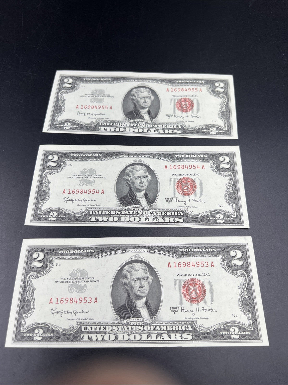 3 Consecutive 1963 A $2 Two Dollar USN United States Notes Red Seal Bills AU #53