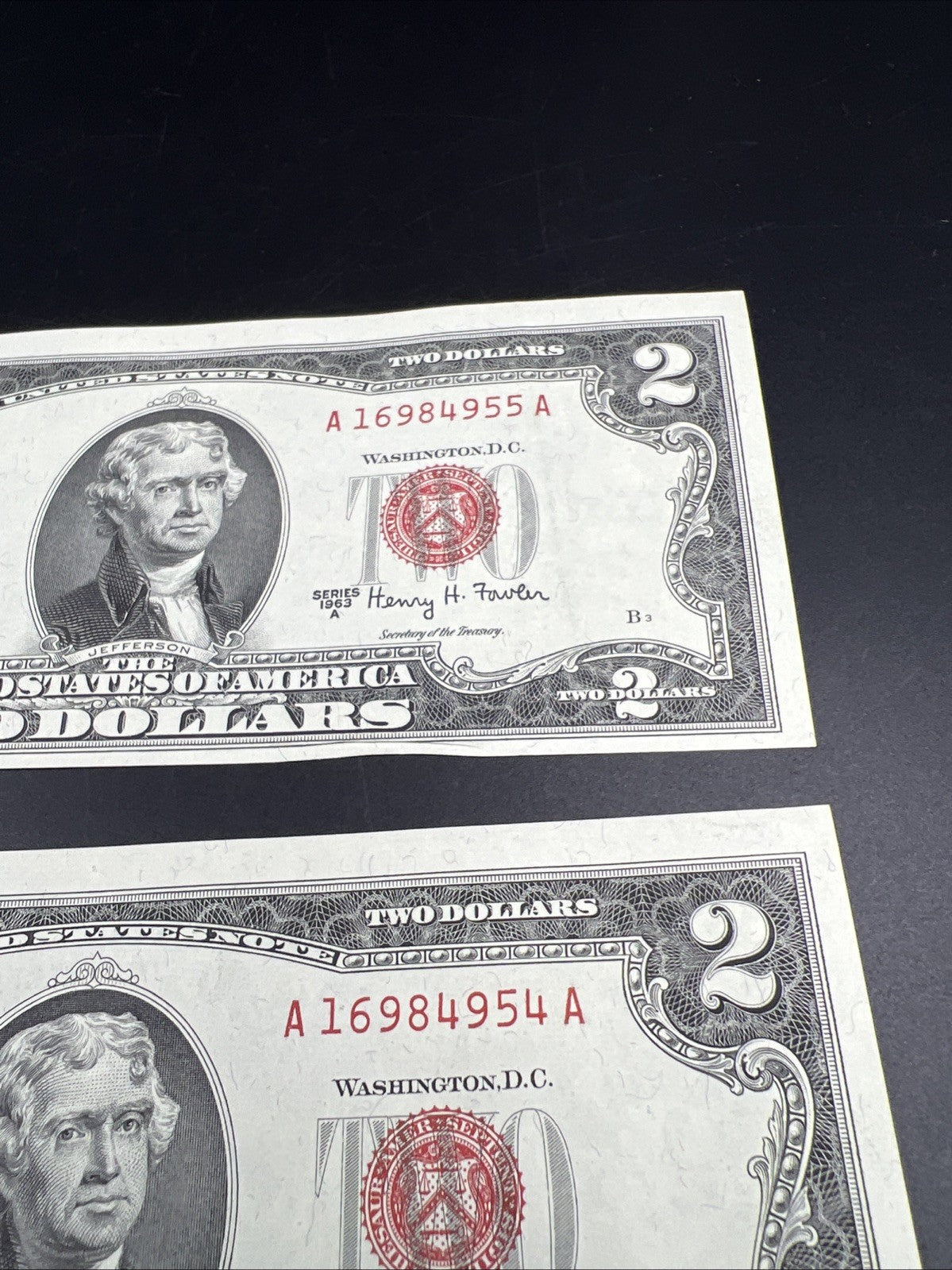 3 Consecutive 1963 A $2 Two Dollar USN United States Notes Red Seal Bills AU #53