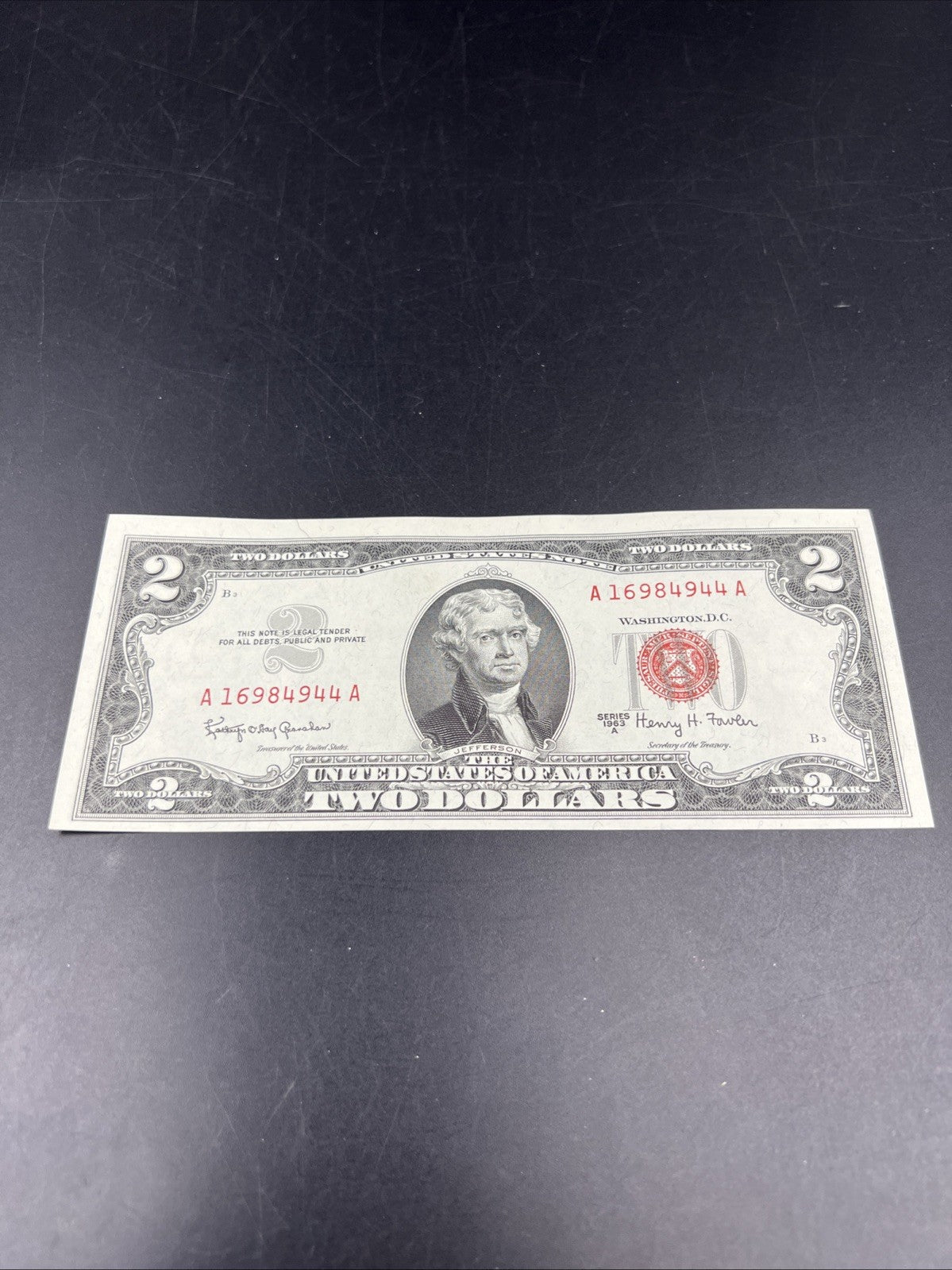 1963 A $2 Two Dollar USN United States Notes Red Seal Bills UNC Neat Serial #944