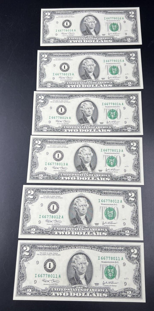 6 Consecutive 2003 Two Dollar FRN Federal Reserve Notes Repeaters CH UNC #11