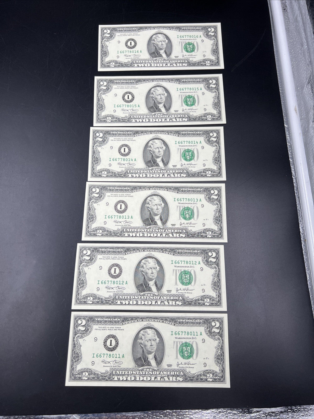 6 Consecutive 2003 Two Dollar FRN Federal Reserve Notes Repeaters CH UNC #11