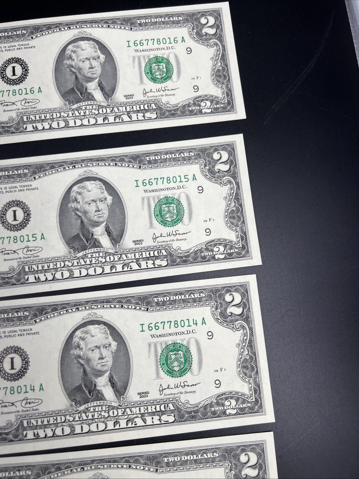 6 Consecutive 2003 Two Dollar FRN Federal Reserve Notes Repeaters CH UNC #11