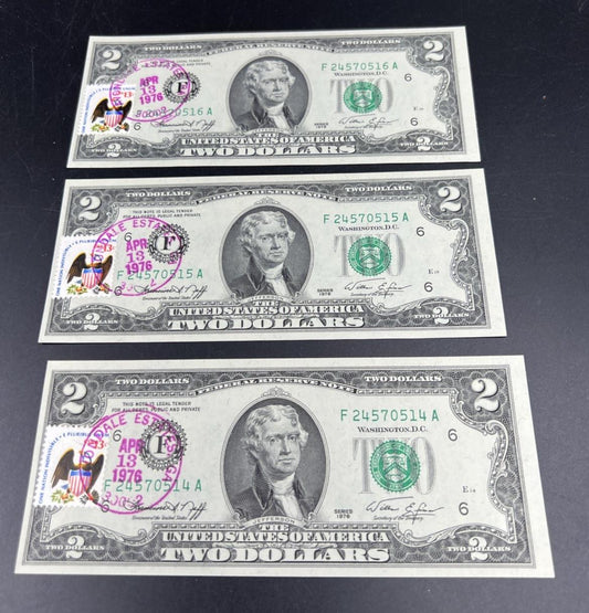 3 Consecutive 1976 $2 FRN Federal Reserve Notes Avondale Estates GA CH UNC #14
