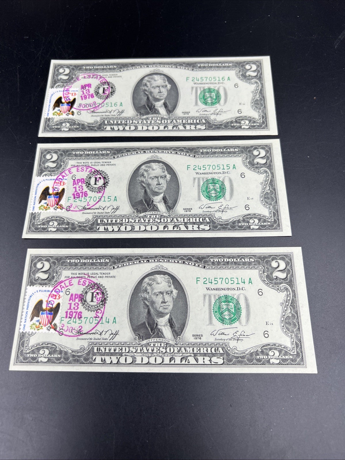 3 Consecutive 1976 $2 FRN Federal Reserve Notes Avondale Estates GA CH UNC #14