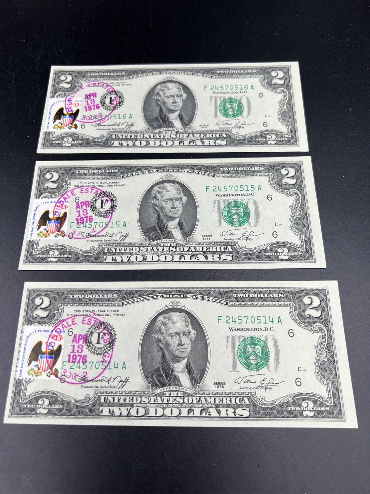 3 Consecutive 1976 $2 FRN Federal Reserve Notes Avondale Estates GA CH UNC #14
