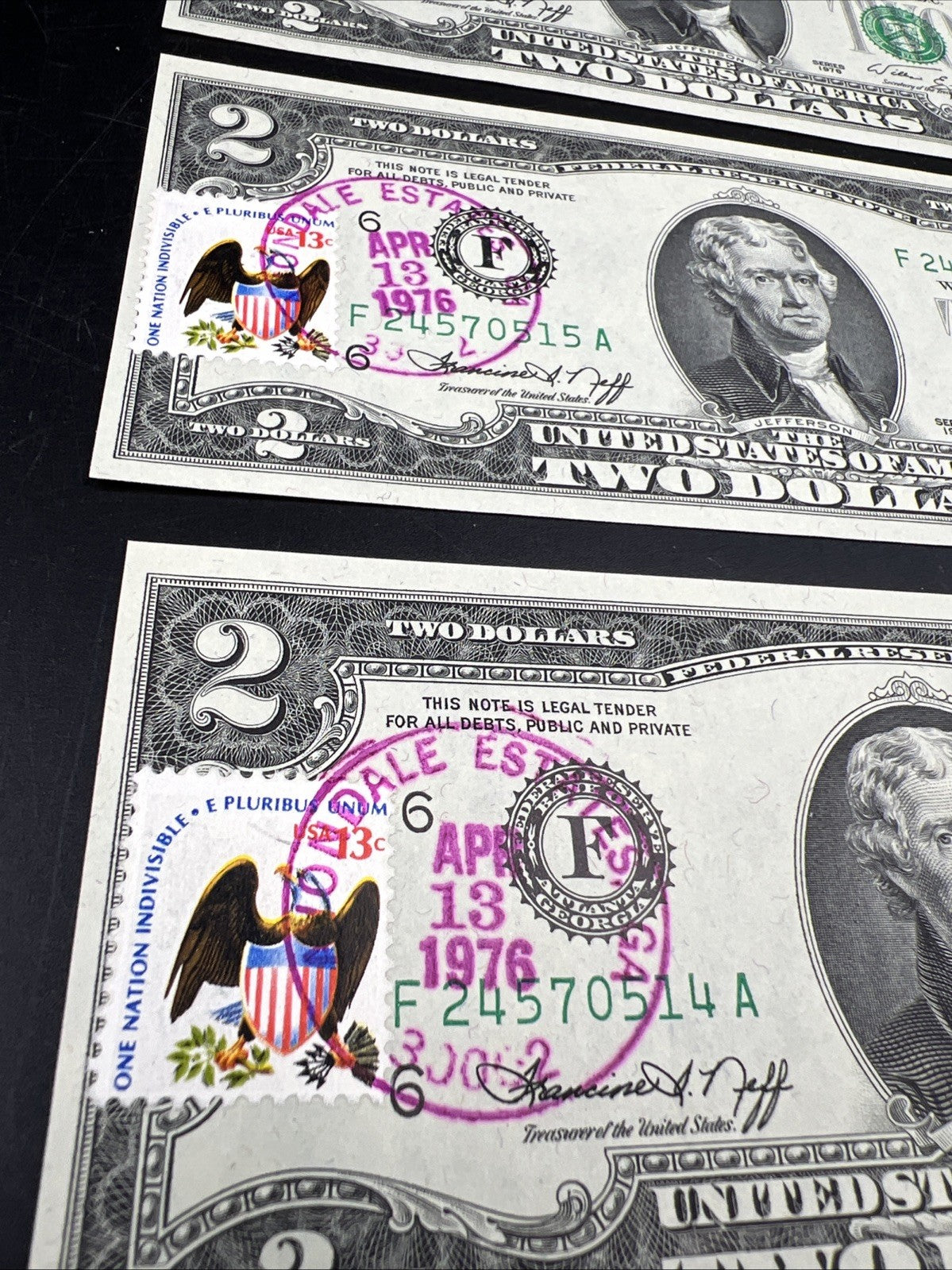 3 Consecutive 1976 $2 FRN Federal Reserve Notes Avondale Estates GA CH UNC #14