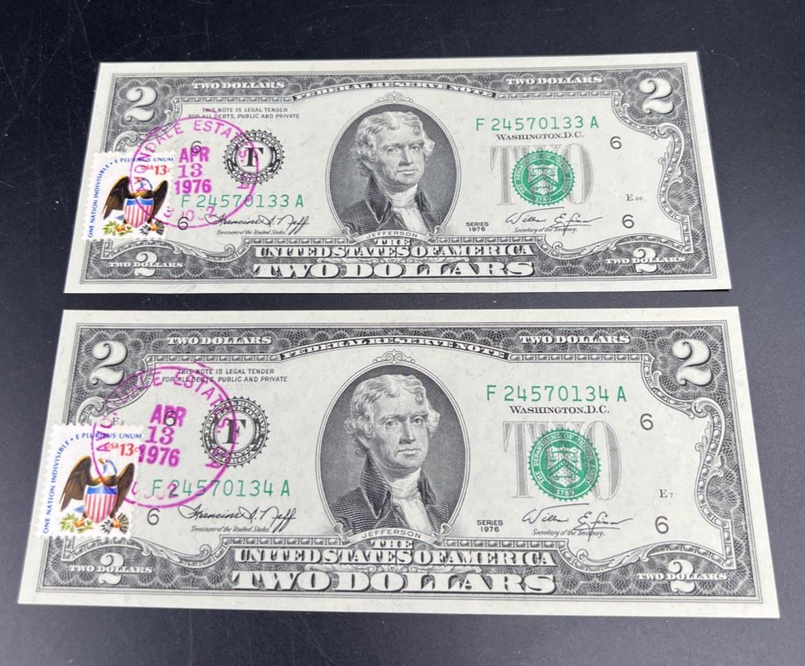 2 Consecutive 1976 $2 FRN Federal Reserve Notes Avondale Estates GA CH UNC #34