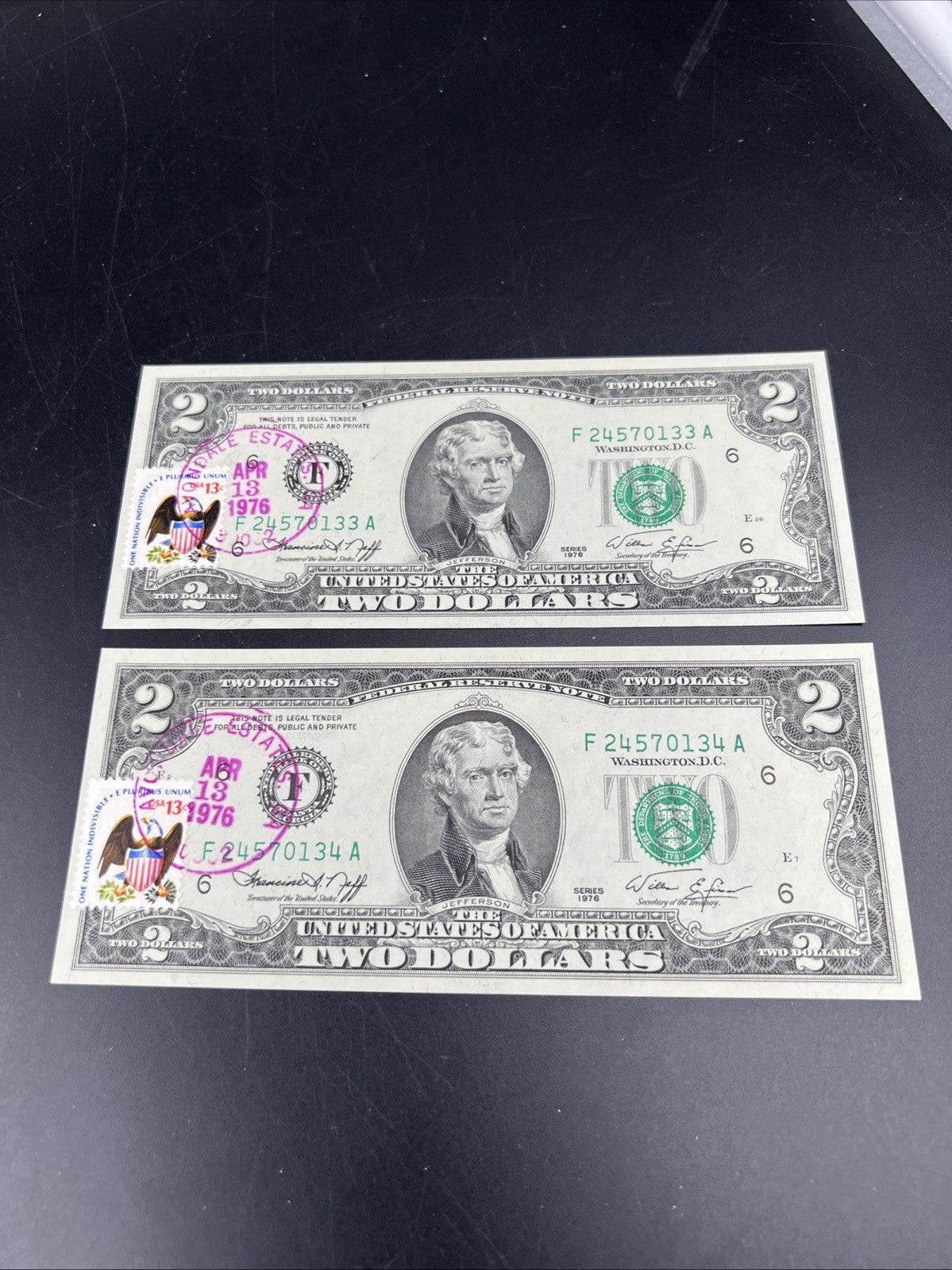2 Consecutive 1976 $2 FRN Federal Reserve Notes Avondale Estates GA CH UNC #34
