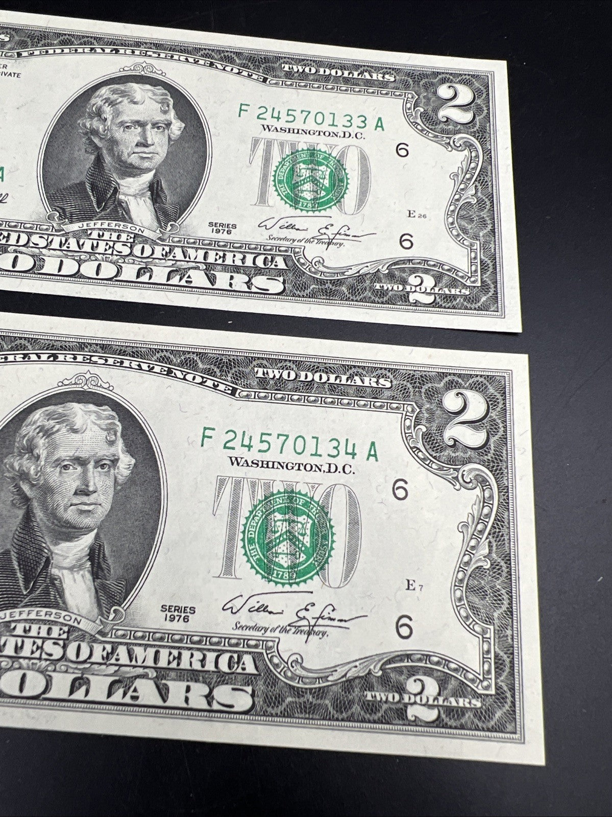 2 Consecutive 1976 $2 FRN Federal Reserve Notes Avondale Estates GA CH UNC #34