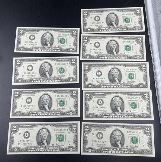 9 Consecutive 2003 Two Dollar FRN Federal Reserve Notes CH UNC I District #02