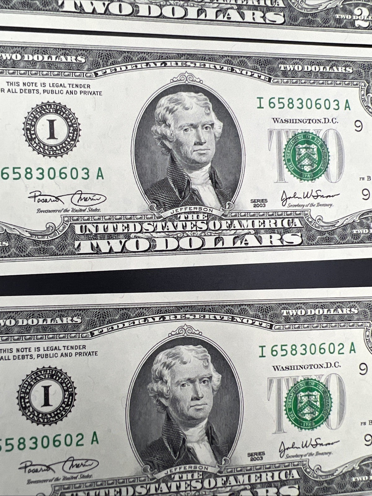9 Consecutive 2003 Two Dollar FRN Federal Reserve Notes CH UNC I District #02