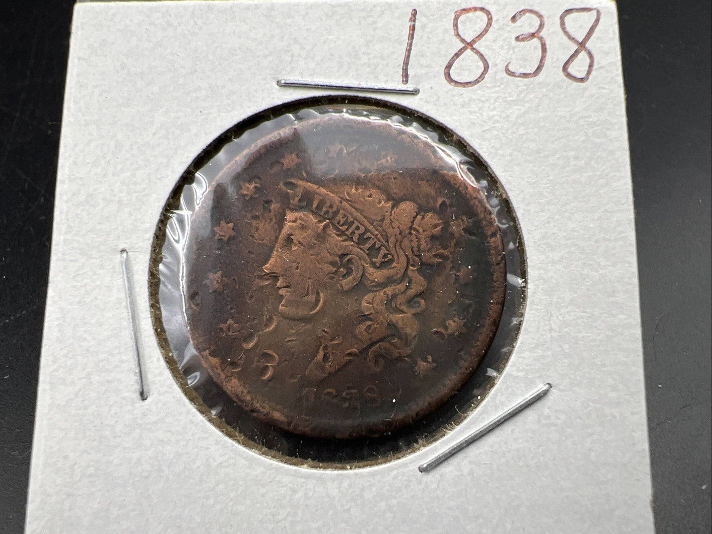 1838 1c Coronet Head Large Cent US Copper Coin Very Circulated Damaged SKU#A