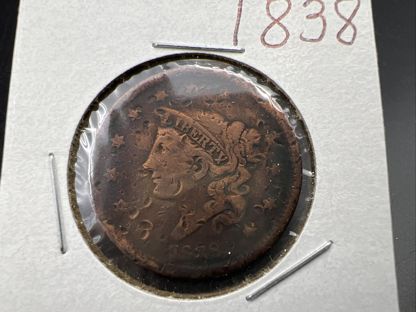 1838 1c Coronet Head Large Cent US Copper Coin Very Circulated Damaged SKU#A