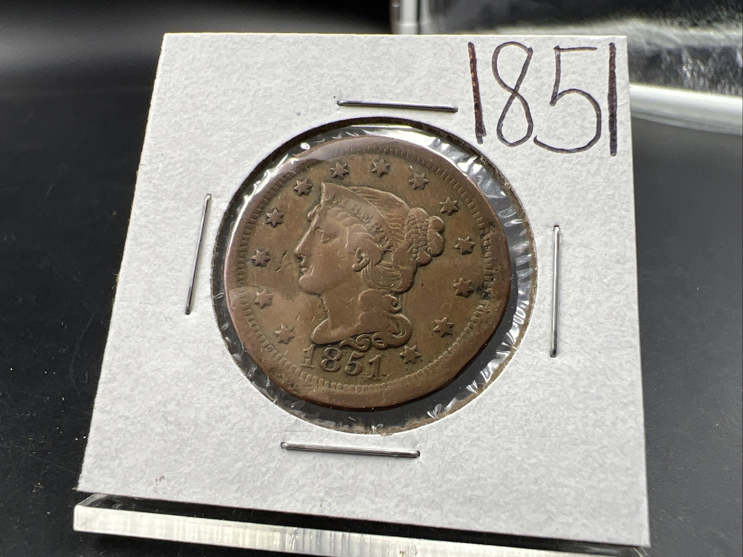 1851 1c Braided Hair Large Cent Coin VF Very Fine Details Damaged Bent