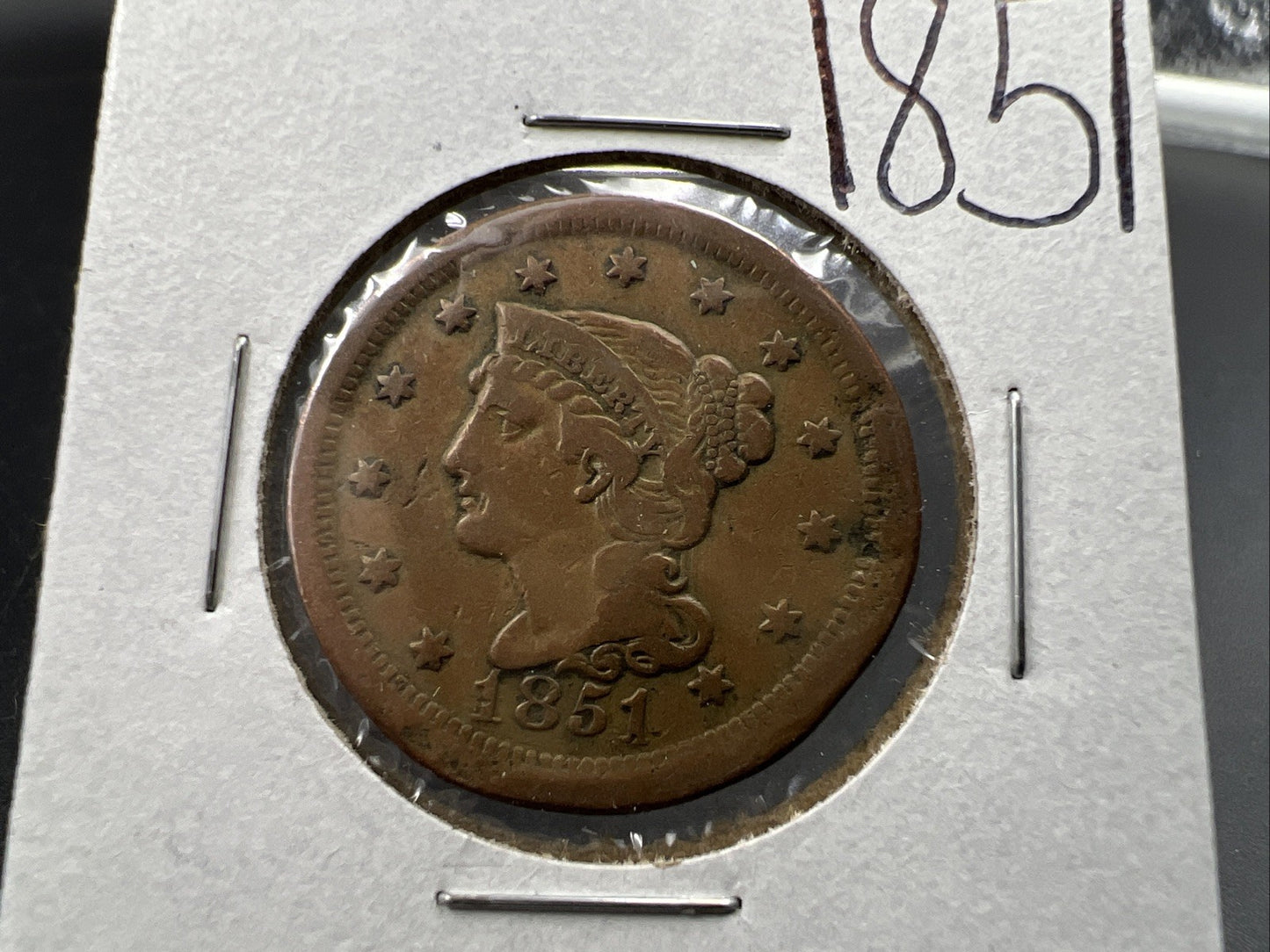 1851 1c Braided Hair Large Cent Coin VF Very Fine Details Damaged Bent