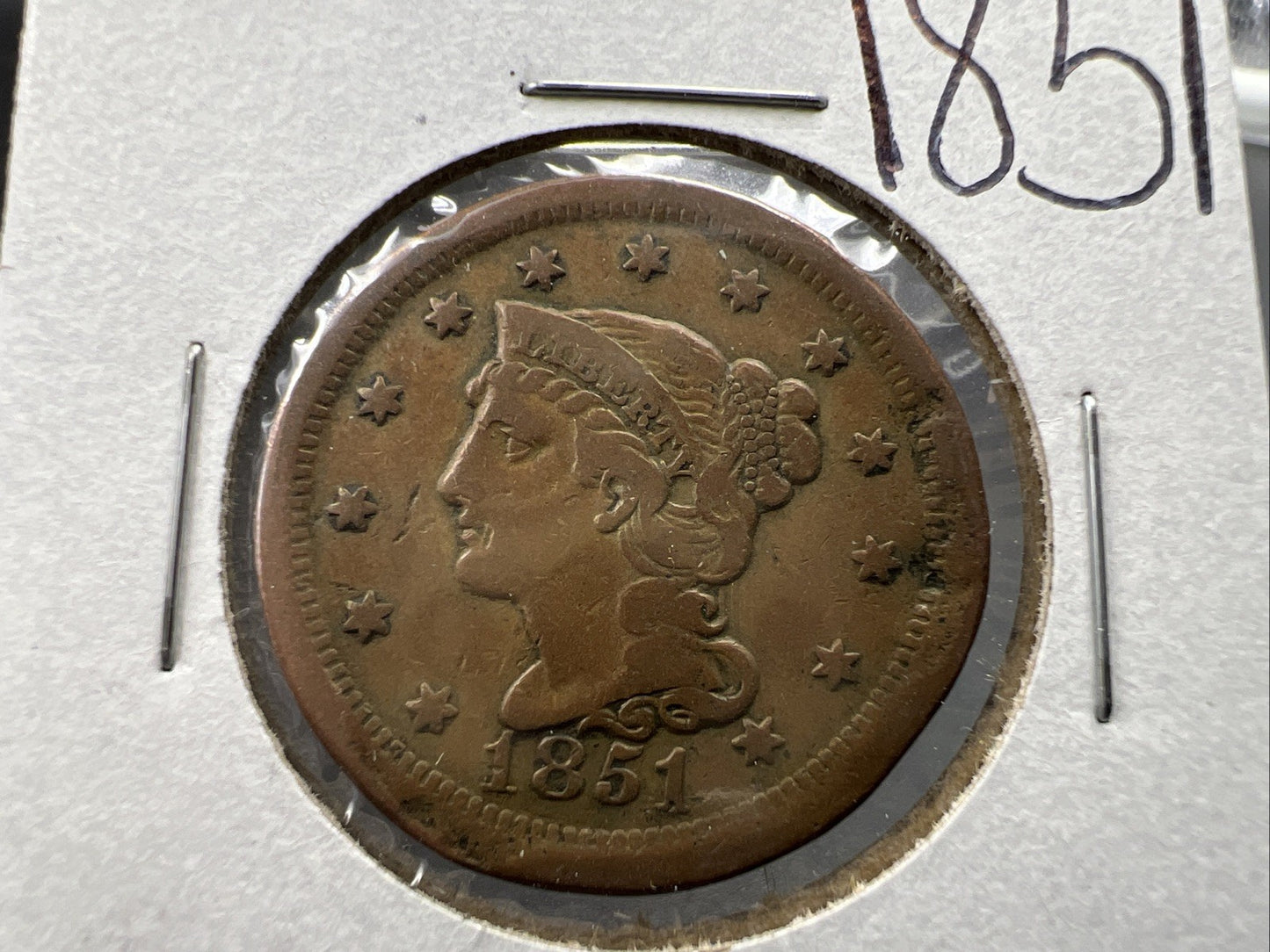 1851 1c Braided Hair Large Cent Coin VF Very Fine Details Damaged Bent