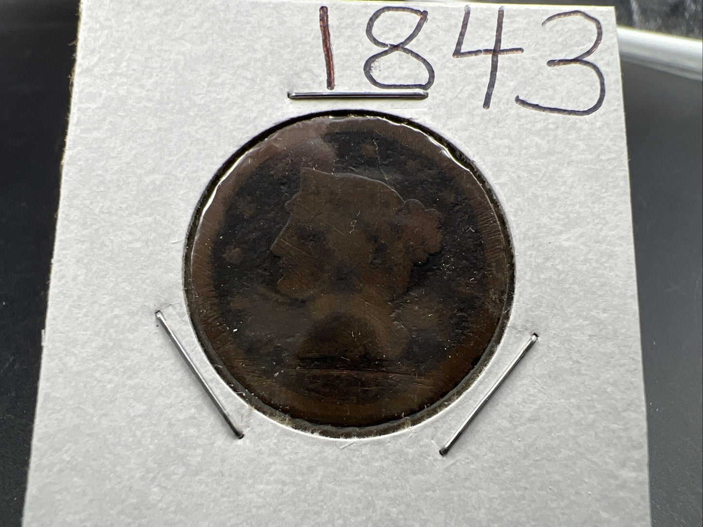 1843 1c Braided Hair Large Cent Coin Very Circulated Damaged