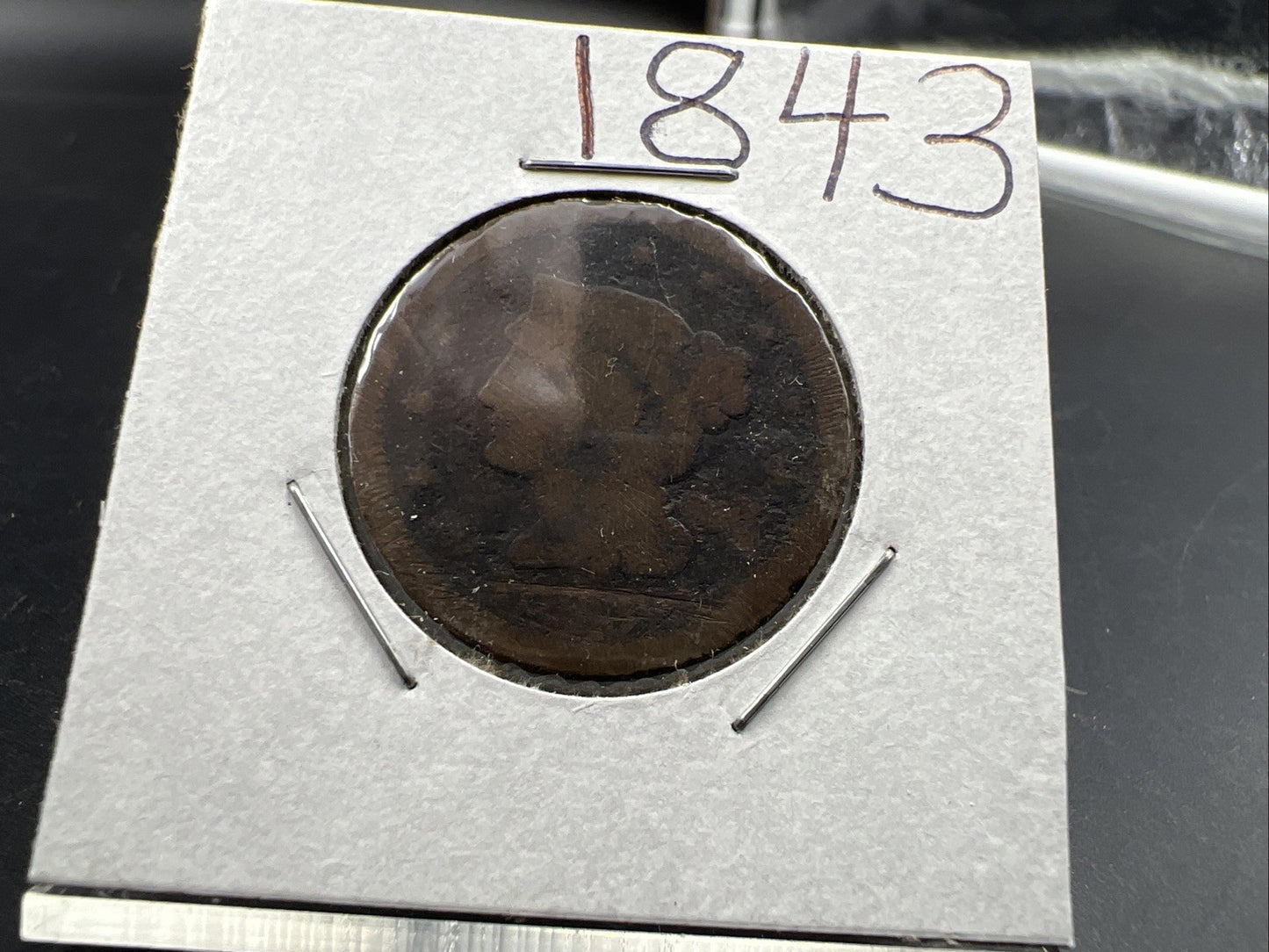 1843 1c Braided Hair Large Cent Coin Very Circulated Damaged