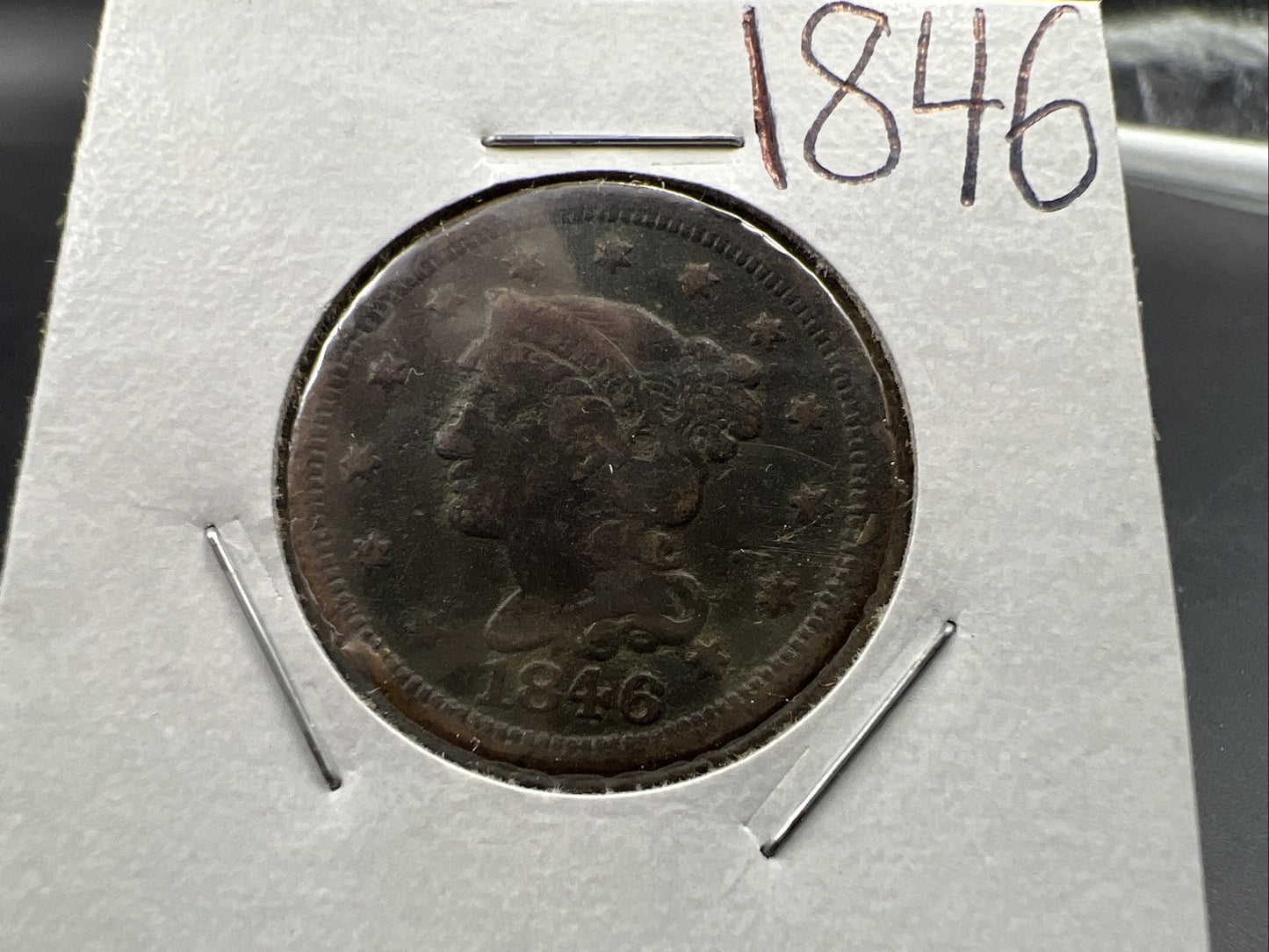 1846 1c Braided Hair Large Cent Coin Very Circulated Damaged