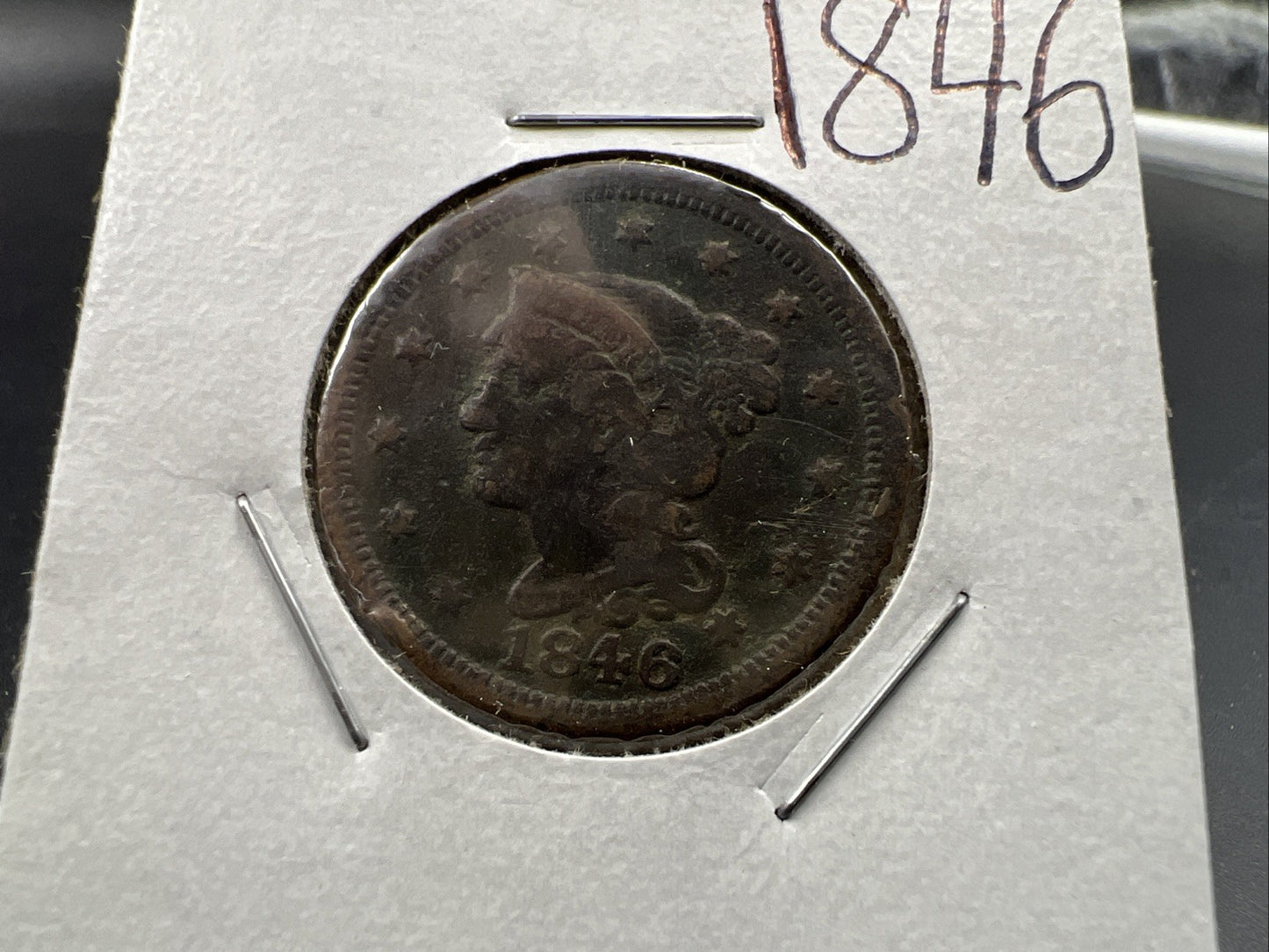 1846 1c Braided Hair Large Cent Coin Very Circulated Damaged
