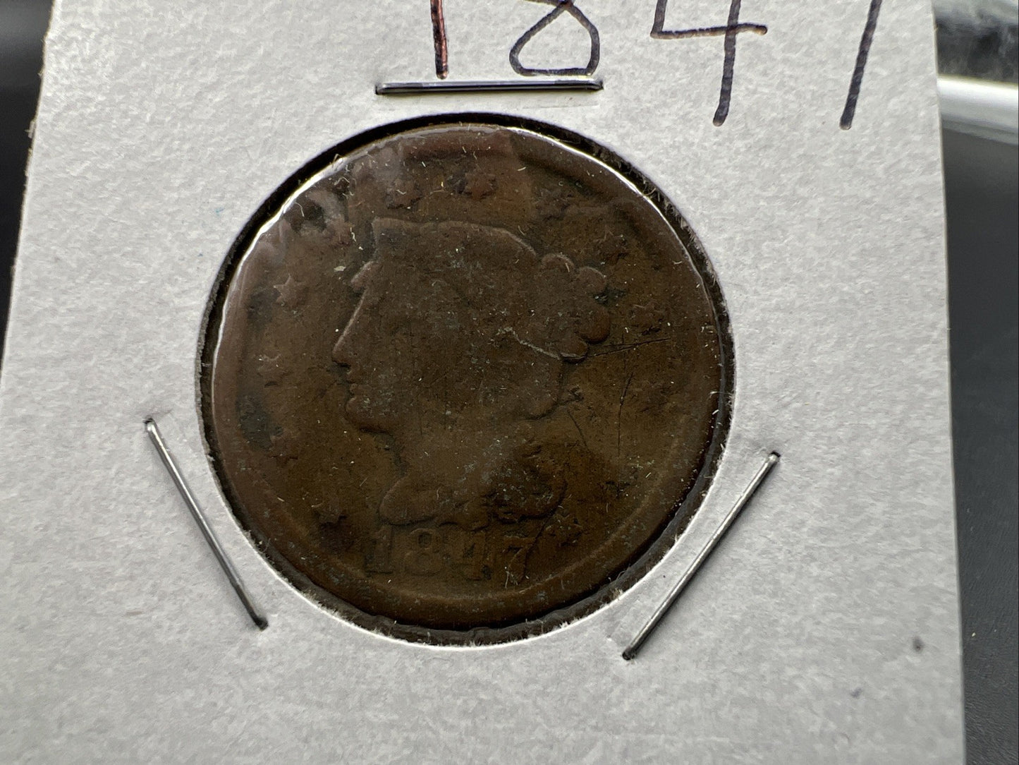 1847 1c Braided Hair Large Cent Coin Very Circulated Damaged
