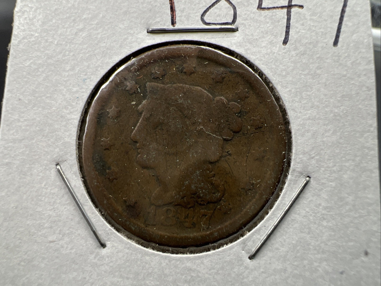 1847 1c Braided Hair Large Cent Coin Very Circulated Damaged