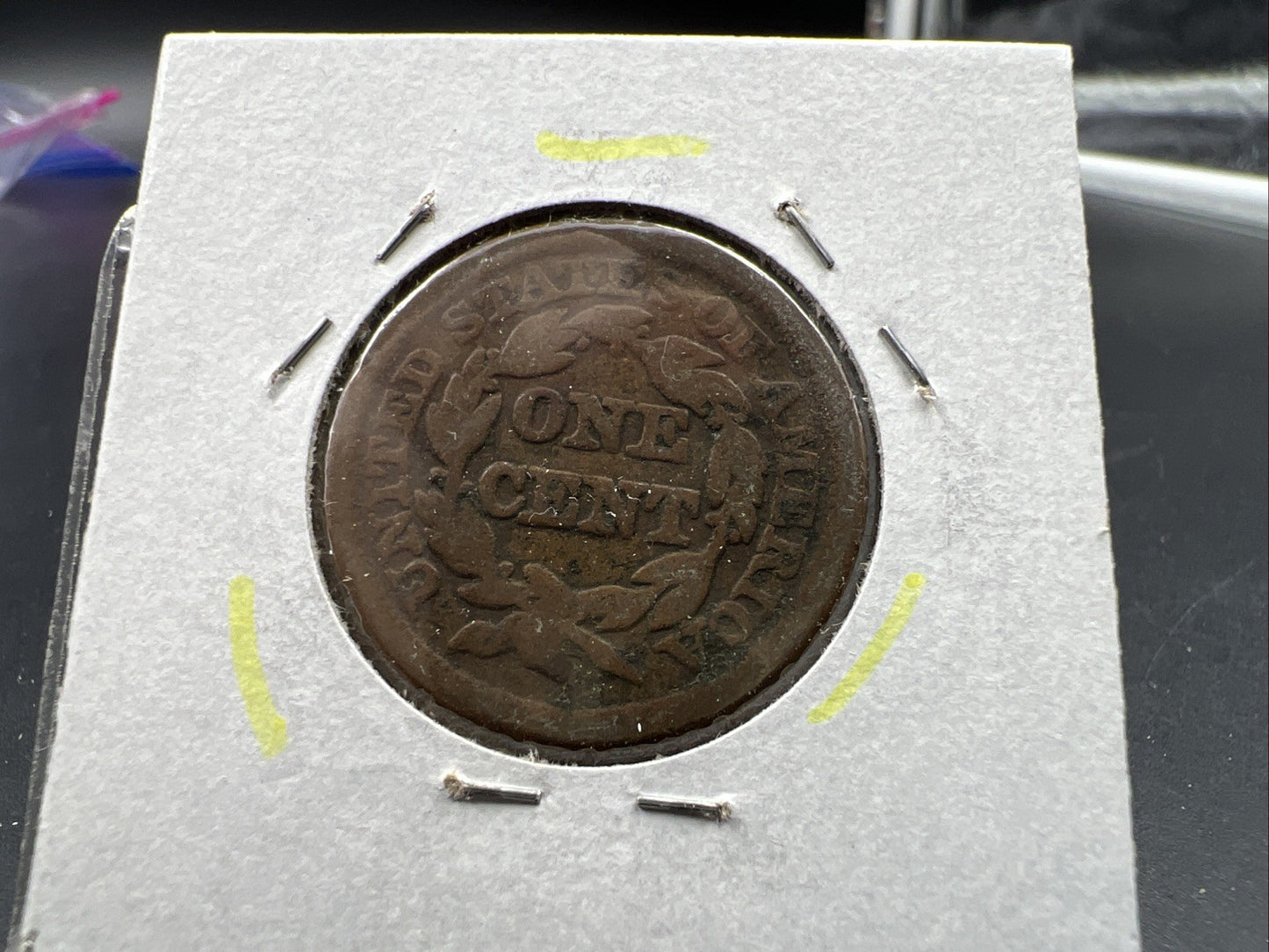 1847 1c Braided Hair Large Cent Coin Very Circulated Damaged