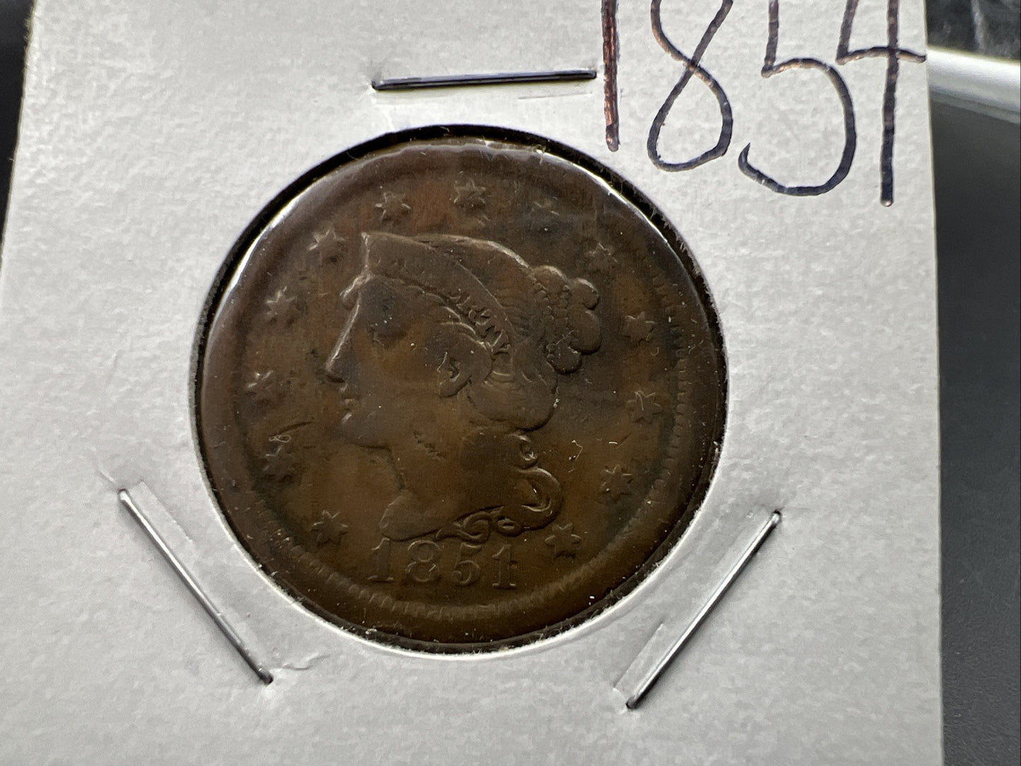 1854 1c Braided Hair Large Cent Coin VG Details Circulated