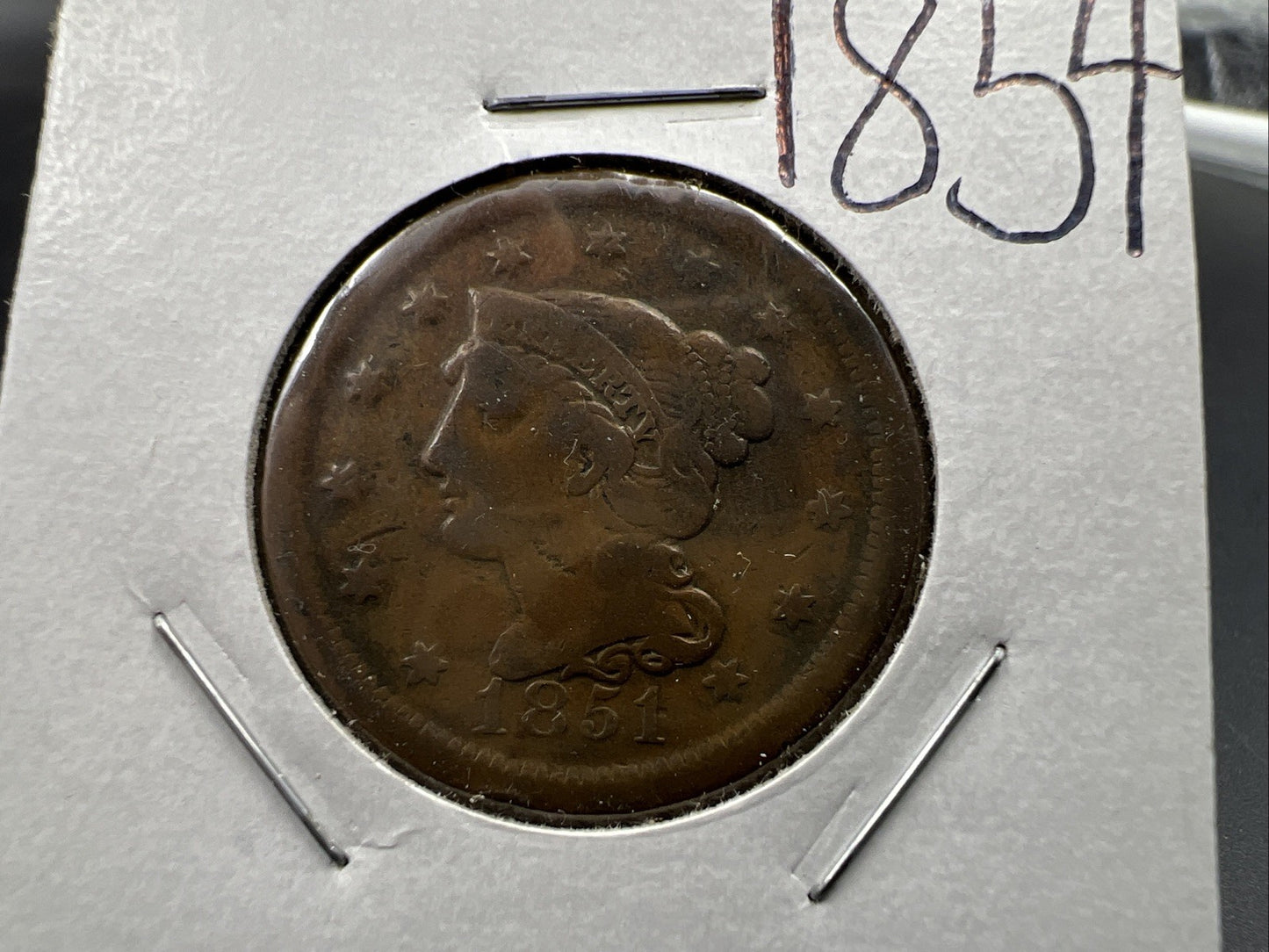 1854 1c Braided Hair Large Cent Coin VG Details Circulated