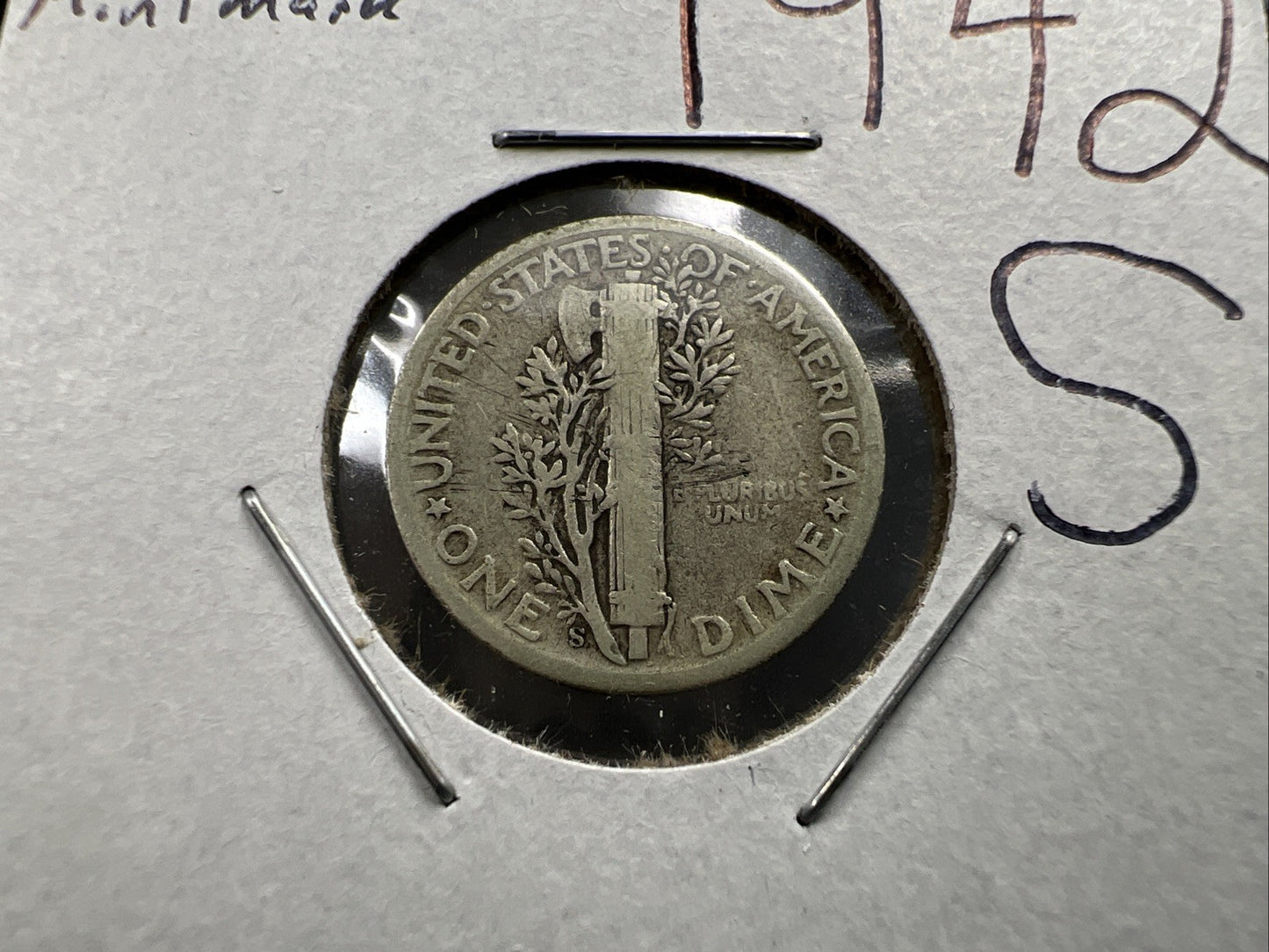 1942 S 10c Mercury Silver Dime Coin Upside down Mint Mark Variety Very Circulate