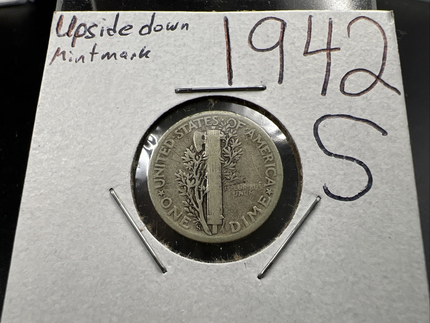 1942 S 10c Mercury Silver Dime Coin Upside down Mint Mark Variety Very Circulate