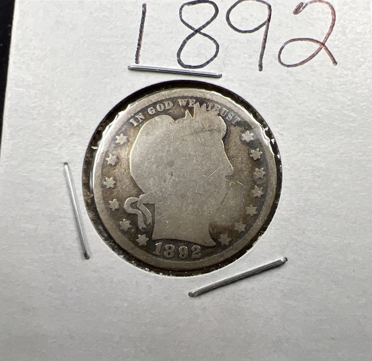 1892 P 25c Barber Silver Quarter Coin Very Circulated First Year Of Issue SKU#A
