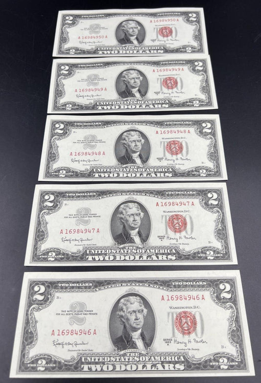 5 Consecutive 1963 A $2 Two Dollar USN United States Notes Red Seal Bills UNC #6