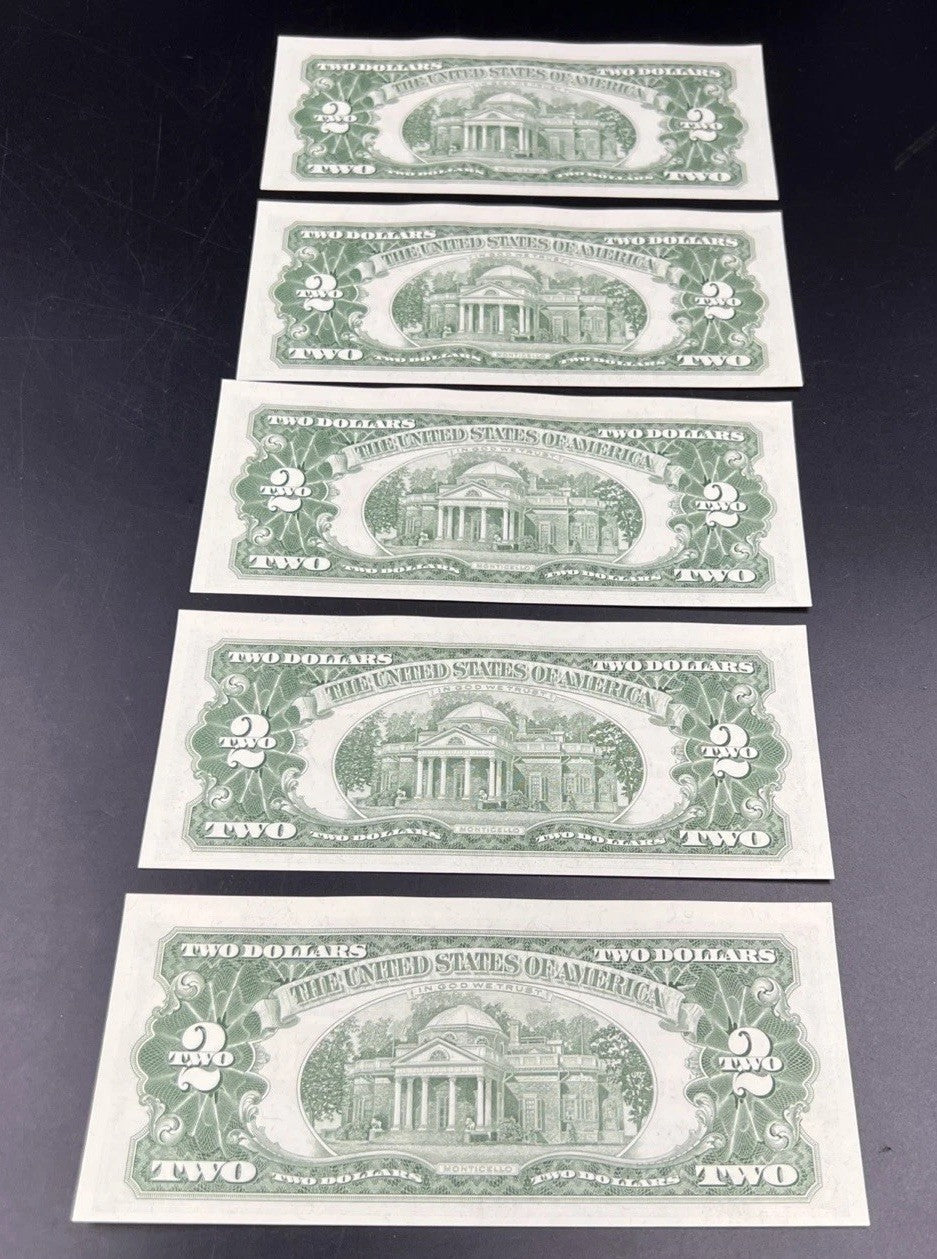 5 Consecutive 1963 A $2 Two Dollar USN United States Notes Red Seal Bills UNC #6