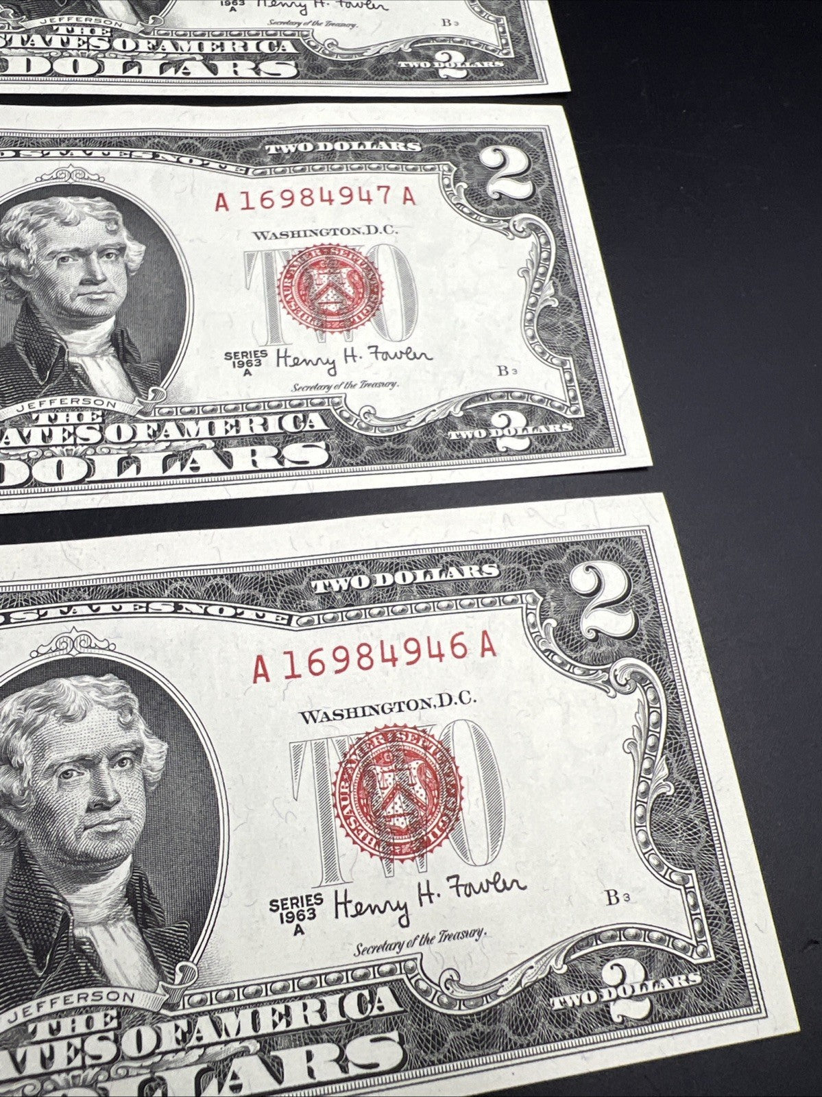 5 Consecutive 1963 A $2 Two Dollar USN United States Notes Red Seal Bills UNC #6