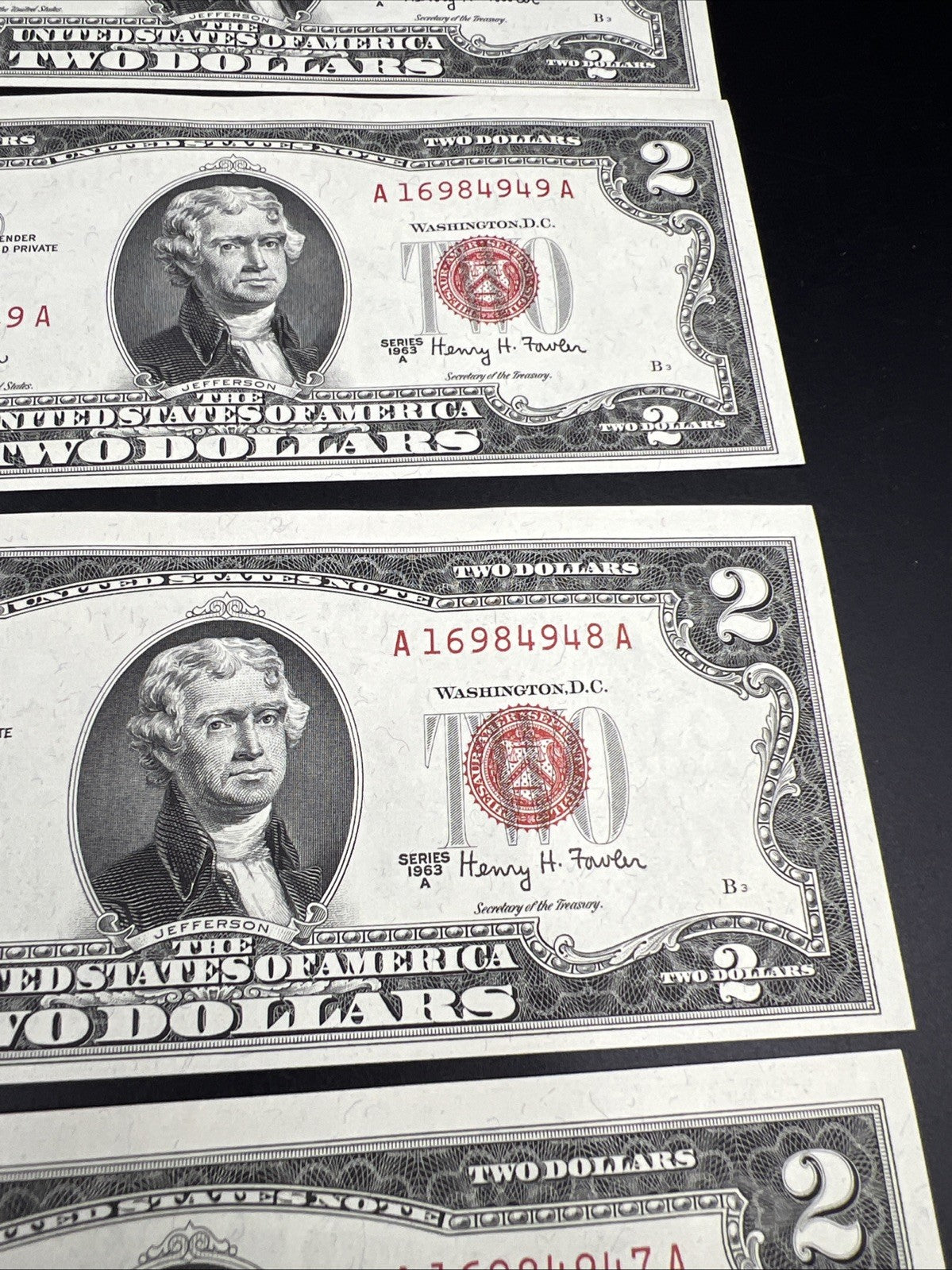 5 Consecutive 1963 A $2 Two Dollar USN United States Notes Red Seal Bills UNC #6