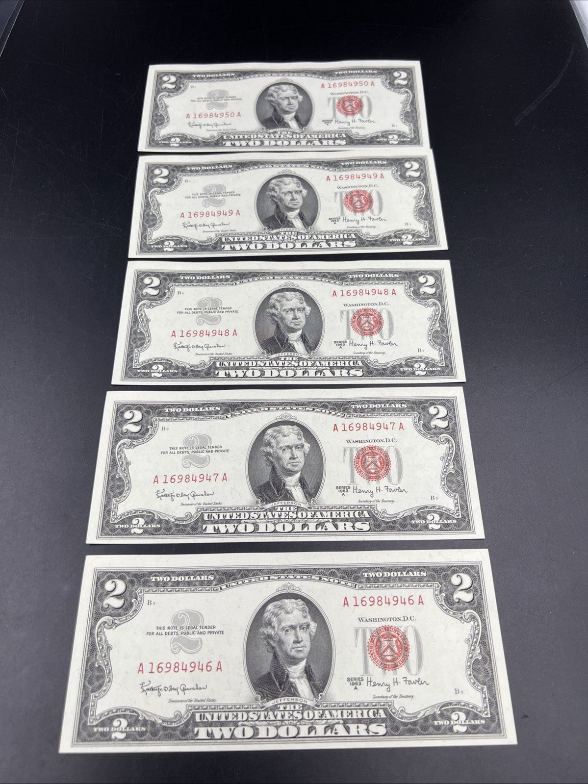 5 Consecutive 1963 A $2 Two Dollar USN United States Notes Red Seal Bills UNC #6