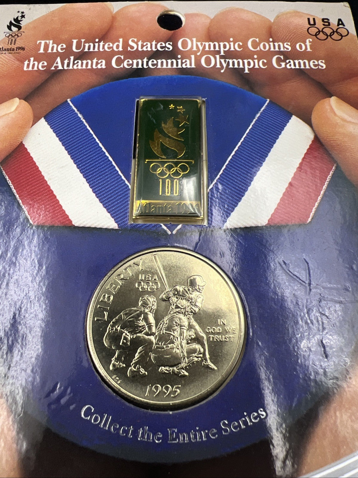 1995 Atlanta Olympics Baseball Commemorative Clad Half dollar Coin & Pin set