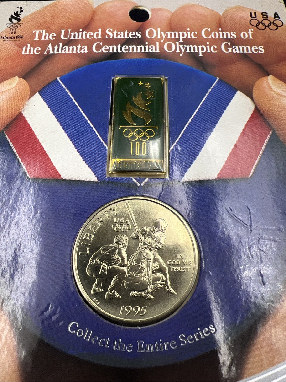 1995 Atlanta Olympics Baseball Commemorative Clad Half dollar Coin & Pin set