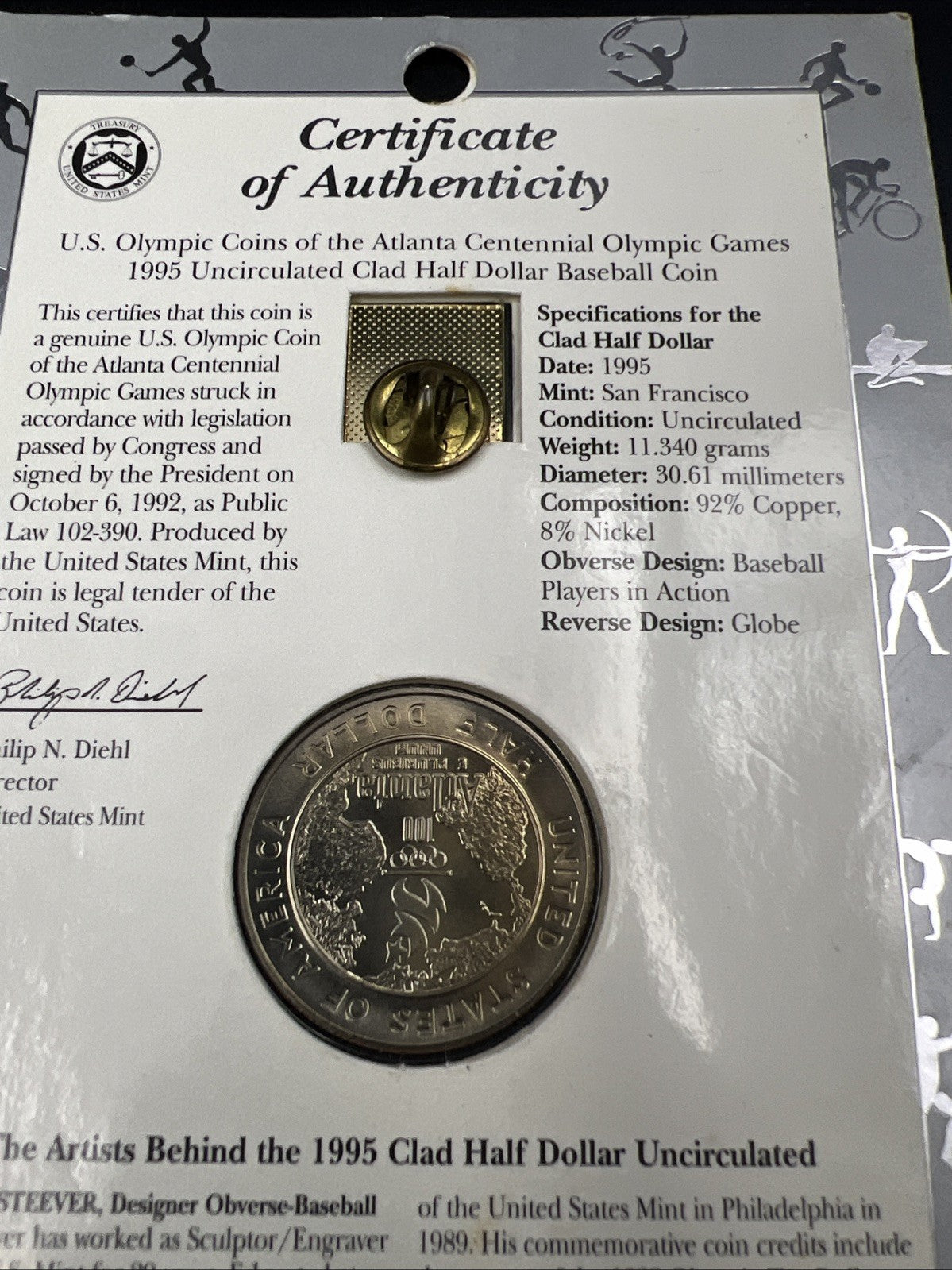 1995 Atlanta Olympics Baseball Commemorative Clad Half dollar Coin & Pin set