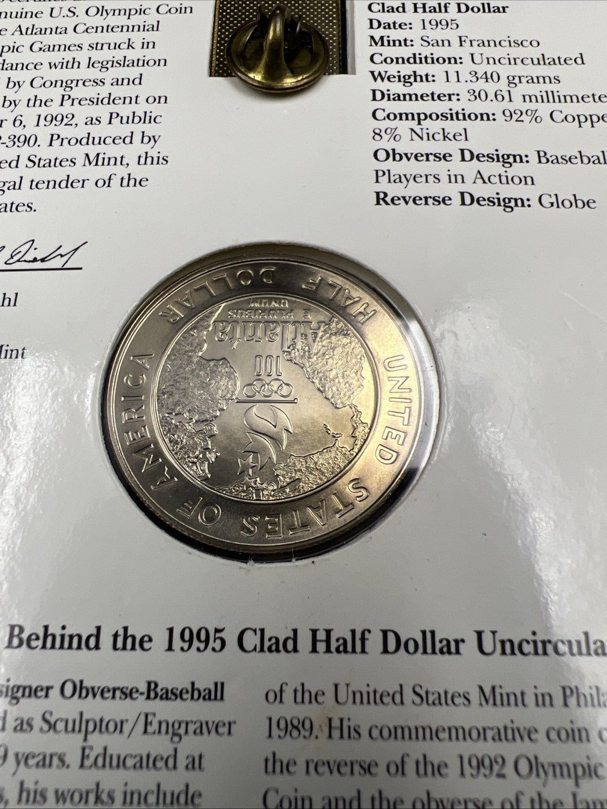 1995 Atlanta Olympics Baseball Commemorative Clad Half dollar Coin & Pin set