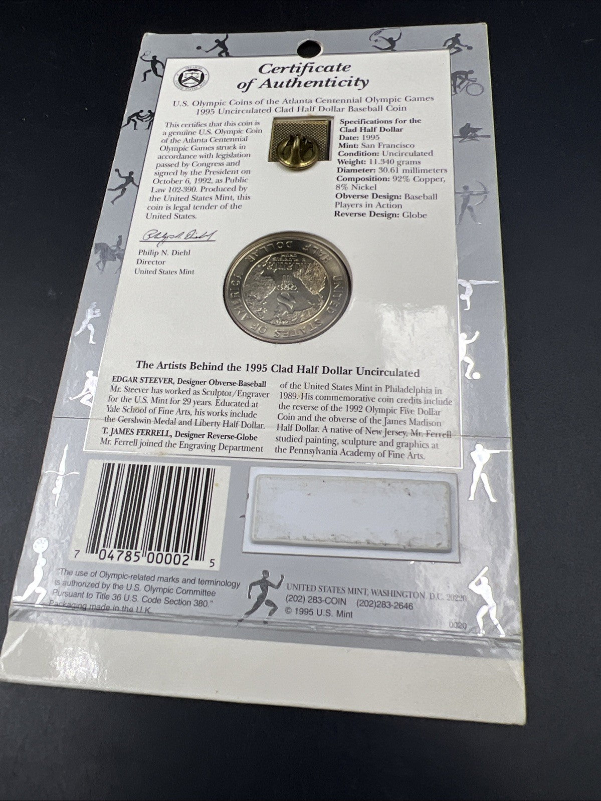 1995 Atlanta Olympics Baseball Commemorative Clad Half dollar Coin & Pin set