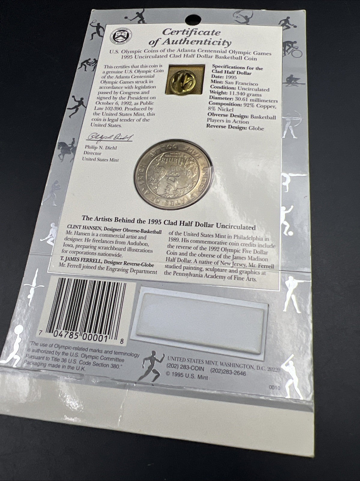 1995 Atlanta Olympics Basketball Commemorative Clad Half dollar Coin & Pin set