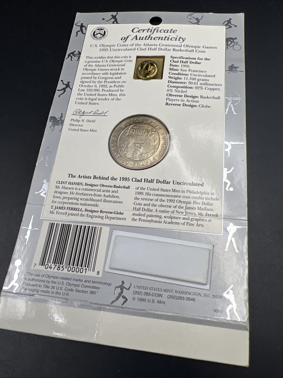 1995 Atlanta Olympics Basketball Commemorative Clad Half dollar Coin & Pin set