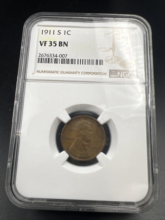 1911 S 1c Lincoln Wheat Cent Penny Coin NGC VF35 CH Very Fine Certified