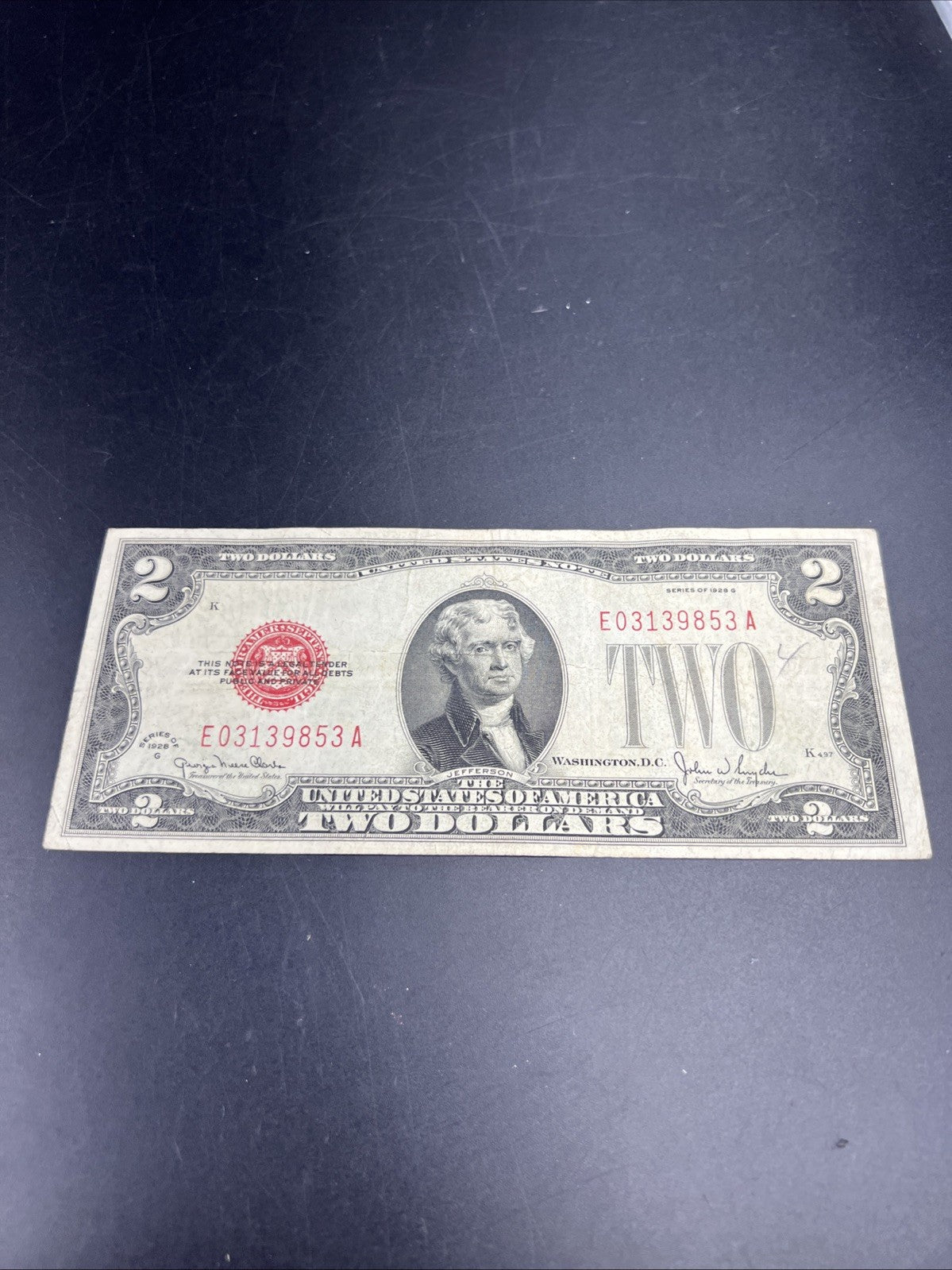 1928 G $2 United States Currency Legal Tender Note Very Good / Fine #853