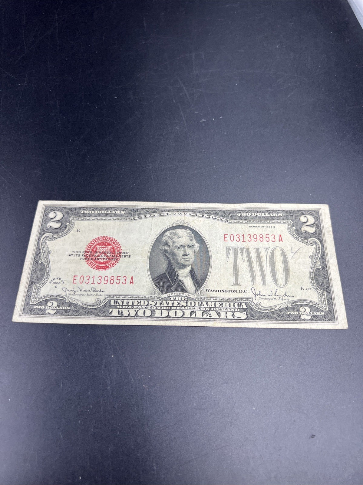 1928 G $2 United States Currency Legal Tender Note Very Good / Fine #853